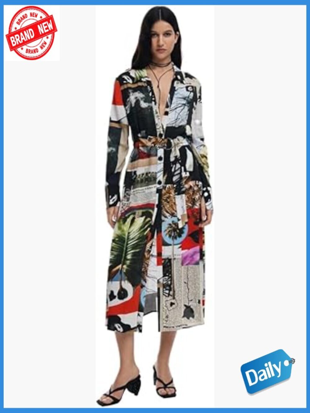 Long Sleeve A-Line Waistcoat Vest with Arty Collage Print